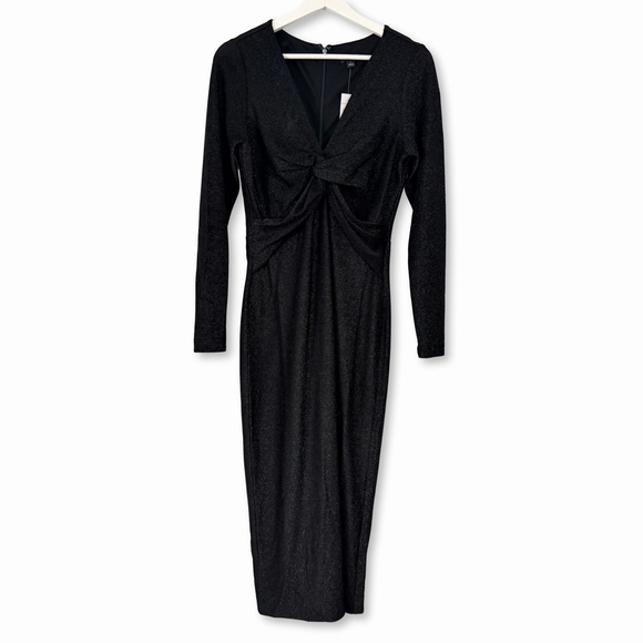 Ann Taylor Black V-Neck Twist Long Sleeve Sparkle Midi Dress 4 -  cruiseboatoman.com